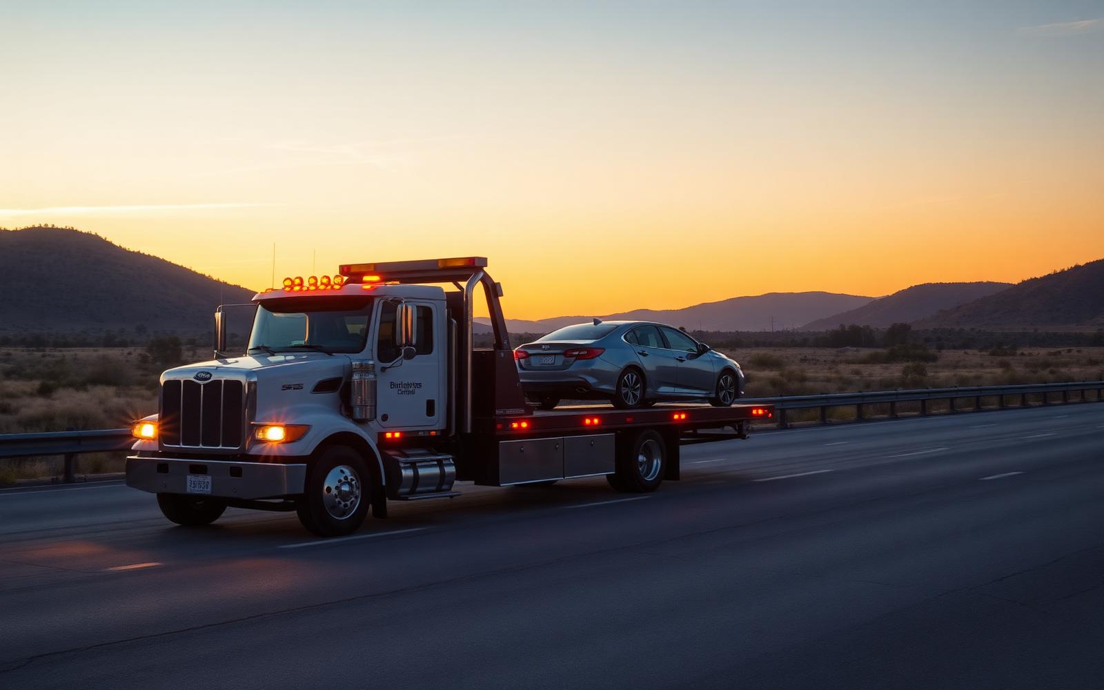Flatbed tow truck loading a car on the I-35 shoulder near Kyle, TX